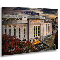 a large stadium with the name "Yankees Stadium" prominently displayed.