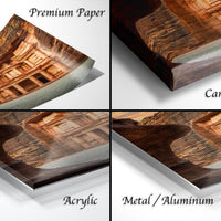The image is a collage of four different views of a building, likely a castle or historical structure, presented in various materials such as paper, canvas wrap, acrylic, and metal/aluminum.