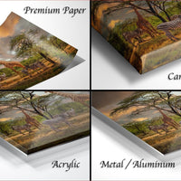 The image is a collage of four different views of a landscape featuring giraffes and zebras in a natural setting.