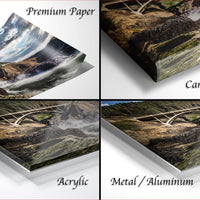 The image is a collage of four different images, each depicting a landscape with a bridge. The images are labeled as "Premium Paper", "Canvas Wrap", "Acrylic", and "Metal/Aluminum".