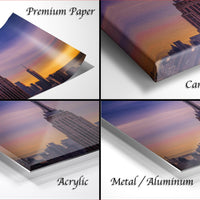 four different views of a city skyline at sunset, including a close-up of the iconic Empire State Building.