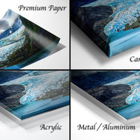 The image is a collage of four different views of a landscape, including a premium paper, a canvas wrap, an acrylic, and a metal/aluminum.