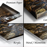 The image is a collage of four different images, each depicting a rocky landscape with water flowing over it. The images are labeled as "Premium Paper", "Canvas Wrap", "Acrylic", and "Metal/Aluminum".