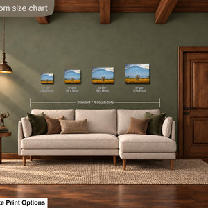 a living room with a large couch, a wooden door, and a lamp. Above the couch, there is a size chart indicating the dimensions of the couch in inches.