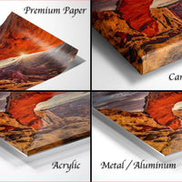 The image is a collage of four different images, each depicting a landscape with a mountain or hill. The images are labeled as "Premium Paper", "Canvas Wrap", "Acrylic", and "Metal/Aluminum".