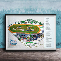 The image is a framed map of Kentucky Derby, a horse racing event, with various locations and facilities labeled.