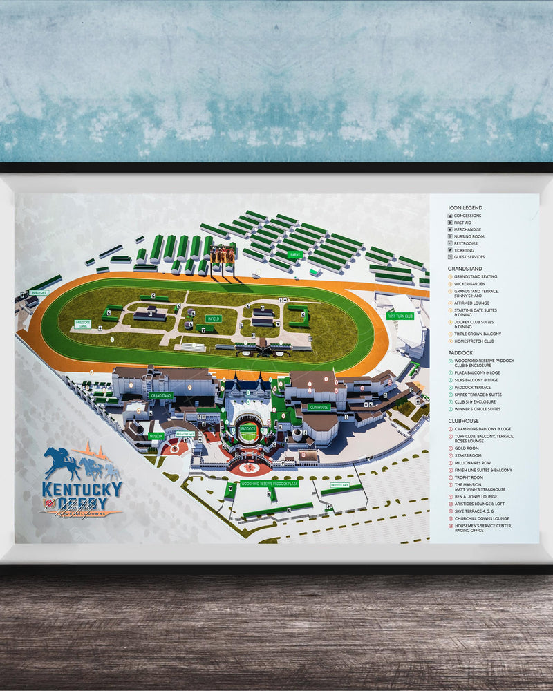 The image is a framed map of Kentucky Derby, a horse racing event, with various locations and facilities labeled.
