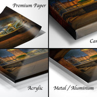 The image is a collage of four different views of a painting or artwork depicting a cityscape, with each view labeled as "Premium Paper", "Canvas Wrap", "Acrylic", and "Metal/Aluminum".