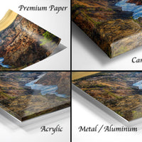The image is a collage of four different types of print materials, including premium paper, canvas wrap, acrylic, and metal/aluminum.