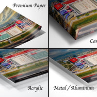 four different views of a printed image, including a premium paper, a canvas wrap, an acrylic, and a metal/aluminum.