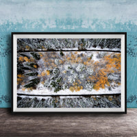 The image is a framed aerial view of a snowy forest landscape with trees covered in snow and some displaying autumn colors.