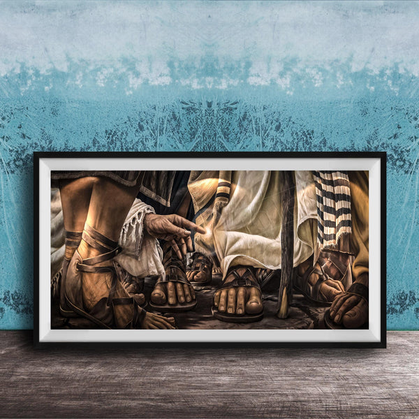 The image is a framed painting depicting a scene with a group of people wearing sandals, possibly from an ancient time or a historical period.