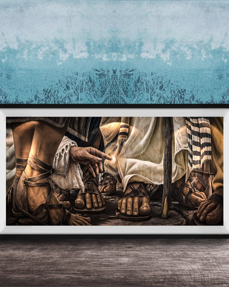 The image is a framed painting depicting a scene with a group of people wearing sandals, possibly from an ancient time or a historical period.