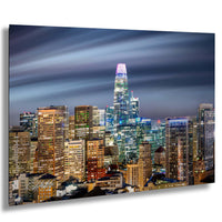 A stunning nighttime cityscape with a towering skyscraper illuminated against the dark sky.