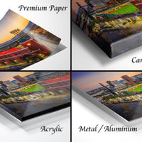 The image is a collage of four different views of a cityscape at sunset, with the city's buildings and skyline visible.