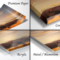 The image is a collage of four different types of printed materials, including a canvas wrap, a premium paper, an acrylic, and a metal/aluminum.