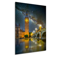 a night scene in London, featuring the iconic Big Ben clock tower and the Palace of Westminster, with the River Thames reflecting the lights and the sky above.