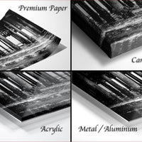 The image is a collage of four different images, each depicting a different type of paper or canvas material. The images include "Premium Paper", "Canvas Wrap", "Acrylic", and "Metal/Aluminum".