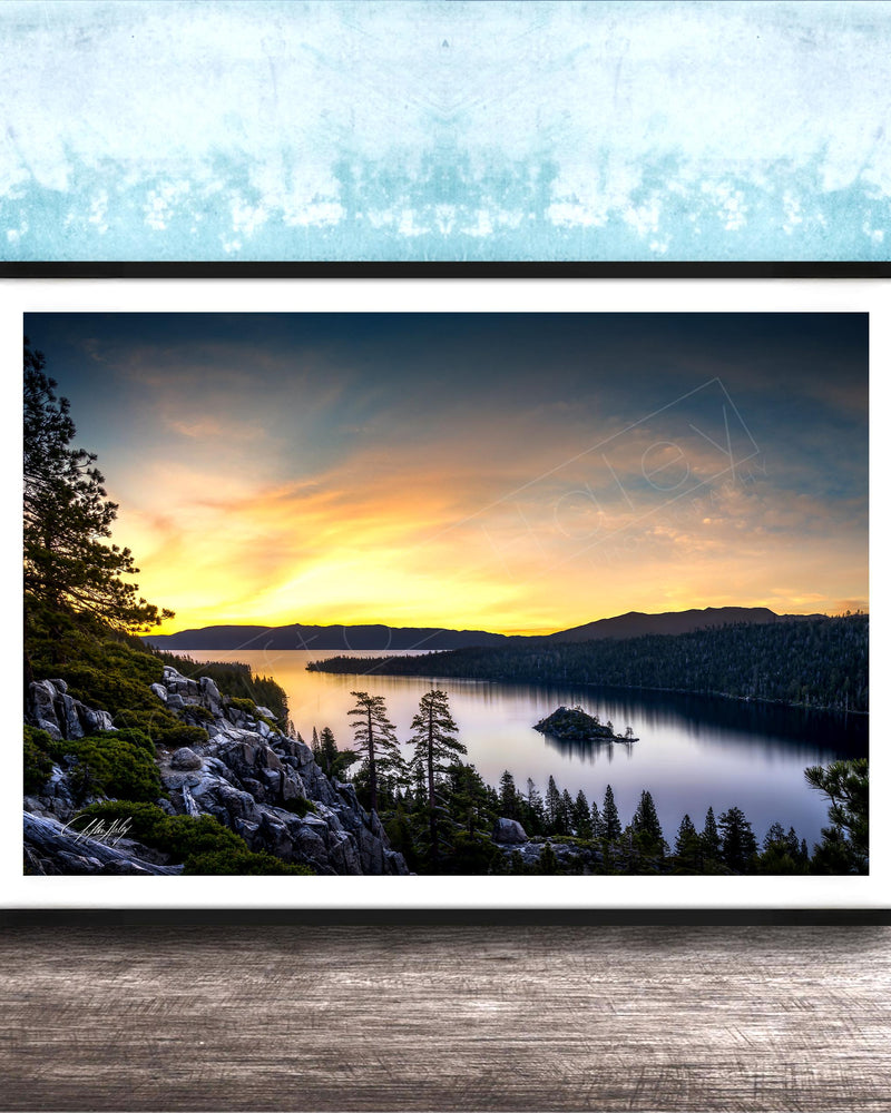 Emerald Bay Lake Print, Serene Mountain Pine Tree Wall Art Decor