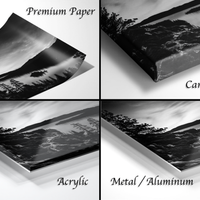 The image is a collage of four different types of print materials, including premium paper, canvas wrap, acrylic, and metal/aluminum.