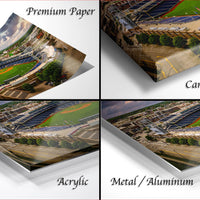 four different views of a baseball stadium, each with a distinct perspective and angle. The text labels the images as "Premium Paper", "Canvas Wrap", "Acrylic", and "Metal/Aluminum".