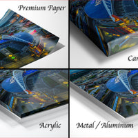 The image is a collage of four different views of a city skyline at night, showcasing the city's architectural structures and lights.