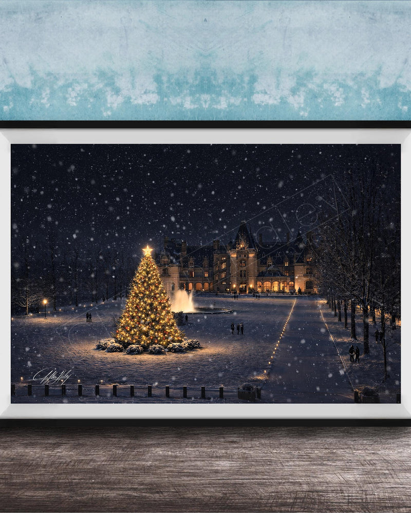A large, illuminated Christmas tree stands in the center of a snowy park, surrounded by people walking around and enjoying the festive atmosphere.