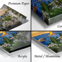The image is a collage of four different views of a landscape, including a mountain, trees, and water, presented in various materials such as acrylic, metal, and canvas wrap.
