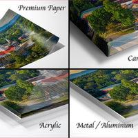 The image is a collage of four different views of a building, with each view presented in a different medium: "Premium Paper", "Canvas Wrap", "Acrylic", and "Metal/Aluminum".