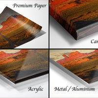 The image is a collage of four different views of a landscape, including a close-up of a canvas wrap and a close-up of a premium paper.