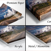 The image is a collage of four different images, each depicting a scenic mountain landscape. The images are labeled as "Premium Paper", "Canvas Wrap", "Acrylic", and "Metal/Aluminum" to describe the materials used for the prints.