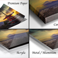 The image is a collage of four photos depicting a sunset over a mountainous landscape, with the text "Premium Paper", "Canvas Wrap", "Acrylic", and "Metal/Aluminum" indicating the materials used for the prints.