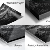 The image is a collage of four different photographs, each depicting a landscape scene. The photographs are labeled as "Premium Paper", "Canvas Wrap", "Acrylic", and "Metal/Aluminum".