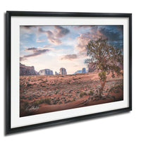 a desert landscape with a large tree in the foreground and a backdrop of rock formations and mountains under a cloudy sky.