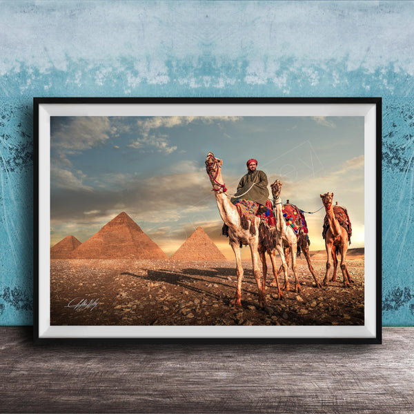 A framed photograph depicting a camel caravan in front of the iconic pyramids of Giza, Egypt, with a man riding one of the camels.