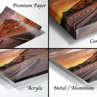 The image is a collage of four different images, each depicting a landscape with a winding road or path. The images are labeled as "Premium Paper", "Canvas Wrap", "Acrylic", and "Metal/Aluminum".
