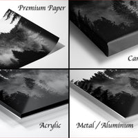 The image is a collage of four different images, each depicting a forest scene. The images are labeled as "Premium Paper", "Canvas Wrap", "Acrylic", and "Metal/Aluminum".