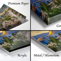 The image is a collage of four different views of a landscape, including a mountain, trees, and a sunset. The collage is labeled with the words "Premium Paper", "Canvas Wrap", "Acrylic", and "Metal/Aluminum".