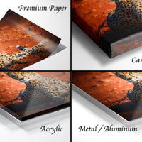 The image is a collage of four different views of a cheetah on a red surface, with each view labeled as "Premium Paper", "Canvas Wrap", "Acrylic", and "Metal/Aluminum".