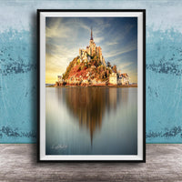 Mont Saint-Michel Poster, Normandy Coastal Art Print | Sunrise Fog