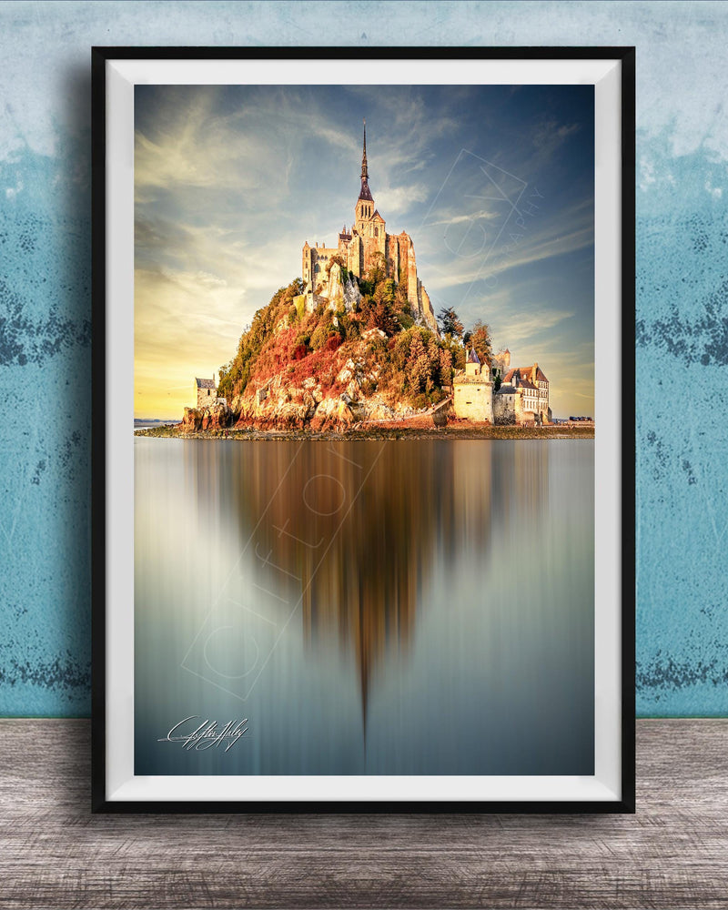 Mont Saint-Michel Poster, Normandy Coastal Art Print | Sunrise Fog