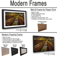 The image is a collage of various framed artworks, including a mat and frame for a paper print, a modern floating frame, and a framed paper back.