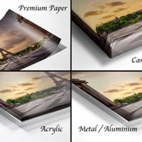 The image is a collage of four different views of the Eiffel Tower, with each view presented in a different medium: premium paper, canvas wrap, acrylic, and metal/aluminum.