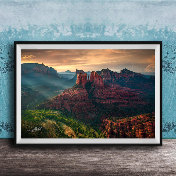 cathedral rock sedona, sedona sunrise photography, lovers knoll sedona, red rock landscape art, sedona fine art print, arizona wall decor, southwest photography, spiritual landscape art, nature wall art, sedona vortex photo, luxury fine art print, desert sunrise art, collectible landscape photo
