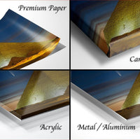 The image is a collage of four different types of materials used for printing or framing artwork, including premium paper, canvas wrap, acrylic, and metal/aluminum.