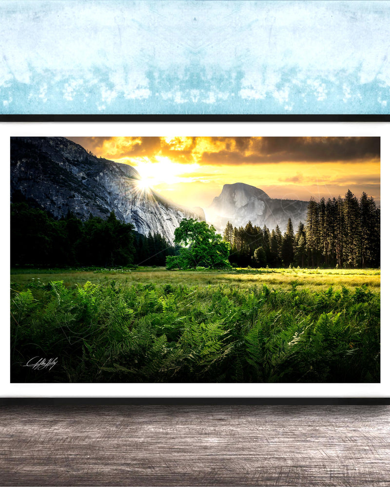 The image is a framed landscape photograph depicting a serene mountain scene with a lush green field, a tree, and a majestic mountain range in the background.