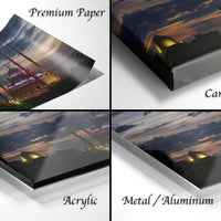 The image is a collage of four photos depicting a sunset over a city skyline, with the text "Premium Paper", "Canvas Wrap", "Acrylic", and "Metal/Aluminum" indicating the materials used for the prints.