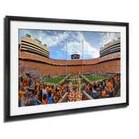 A framed photograph of a crowded football stadium during a game, with the stands filled with spectators and the field visible.