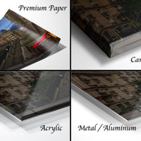 The image is a collage of four different views of a cityscape, each with a different finish: "Premium Paper", "Canvas Wrap", "Acrylic", and "Metal/Aluminum".