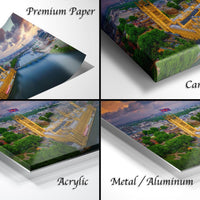 The image is a collage of four different views of a cityscape, including a premium paper, a canvas wrap, an acrylic, and a metal/aluminum.